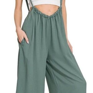 Final Touch Wide-Leg Suspender Pants - Sage